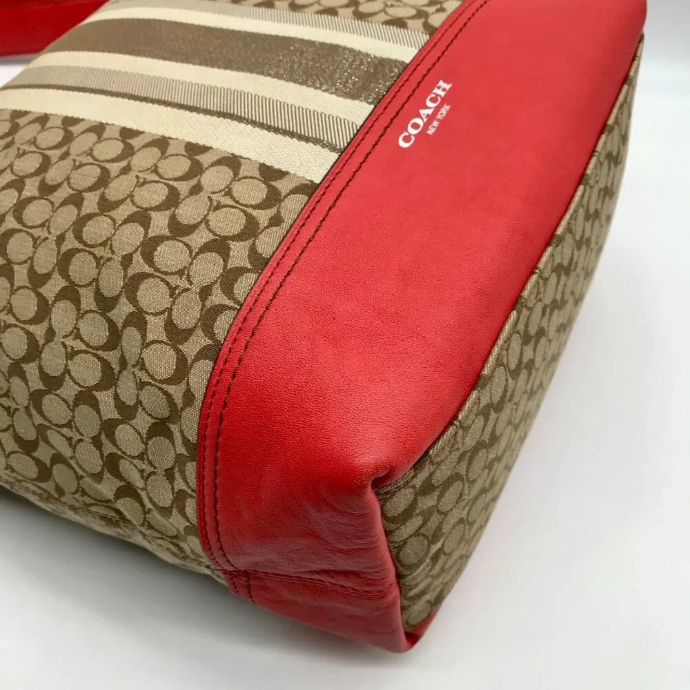 Coach Red / Tan Canvas And Leather Signature Legacy Stripe Duffle Bag  19918_9